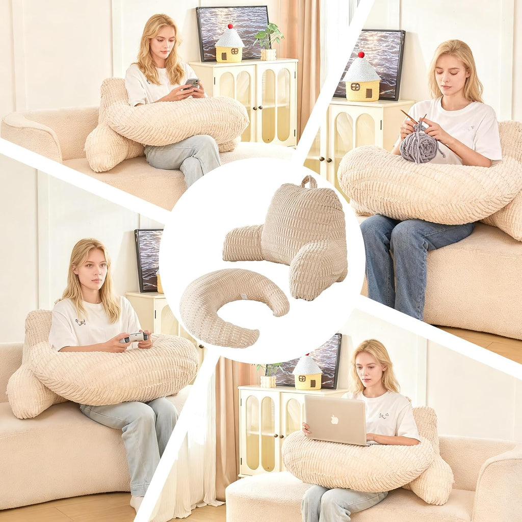 Pajeo 19" Corduroy Reading Pillow for Bed, Durable Striped Backrest Cushion with Lumbar Support & Arms, Firm Support Ergonomic Lounger for Ba…