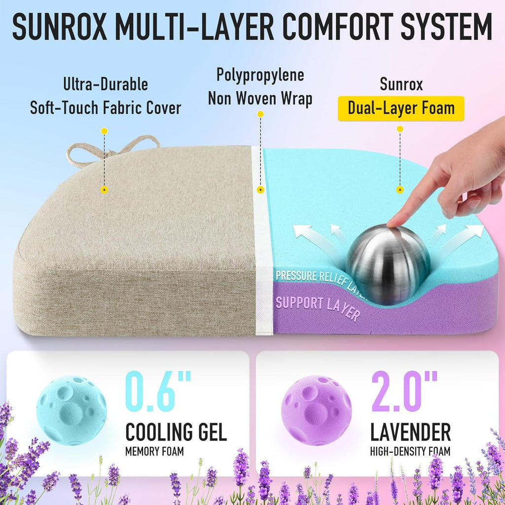 Sunrox Cooling Gel Memory Foam Chair Cushions, 2.6" Thick U-Shaped Dual-Layer Comfort Dining Chair Pads, Non Slip Seat Cushion with Ties fo…