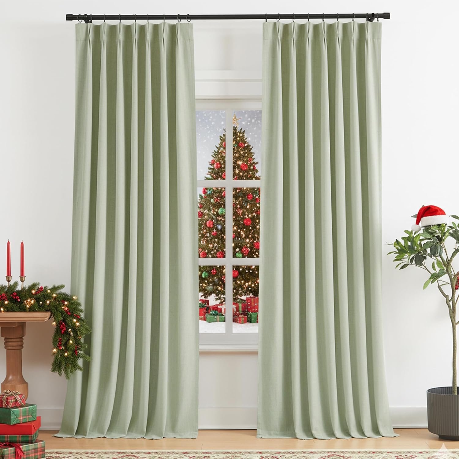 VisionHome Vision Home Soft Green Pinch Pleated Full Blackout Curtains Linen Blended Room Darkening Curtain Panels 90 inch for Living Room…
