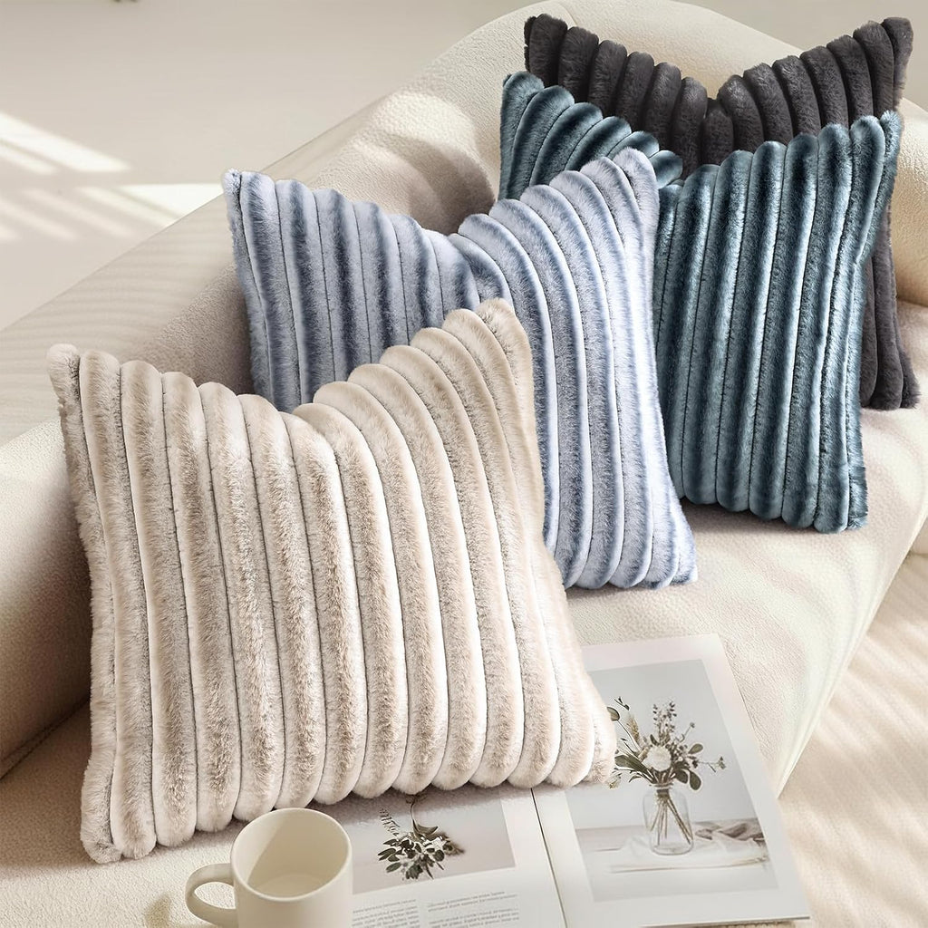 decorUhome Cozy Faux Fur Throw Pillow Covers 24x24 Set of 2 Decorative Soft Plush Striped Modern Farmhouse Boho Couch Euro Sham Pillow Case…