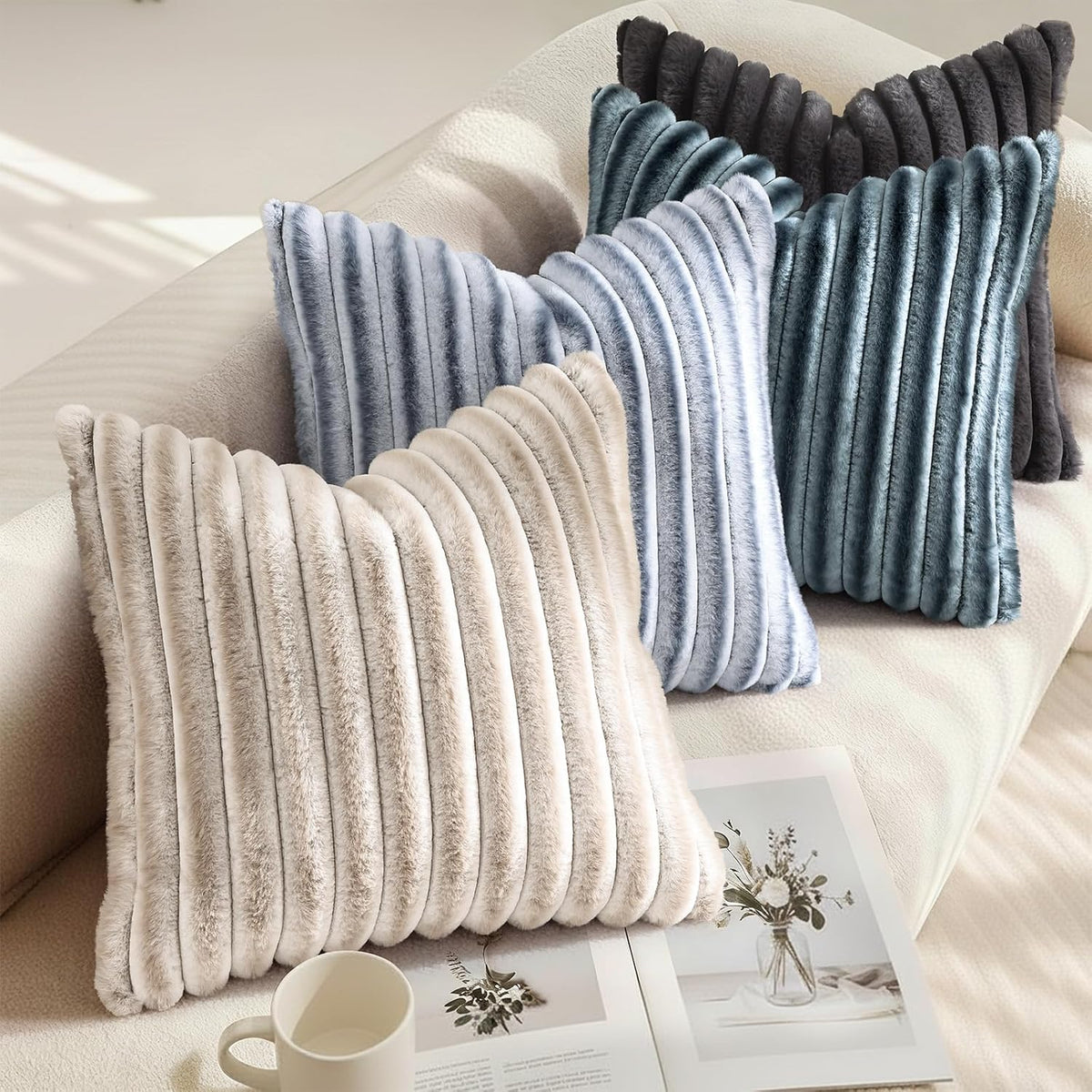 decorUhome Cozy Faux Fur Throw Pillow Covers 24x24 Set of 2 Decorative Soft Plush Striped Modern Farmhouse Boho Couch Euro Sham Pillow Case…
