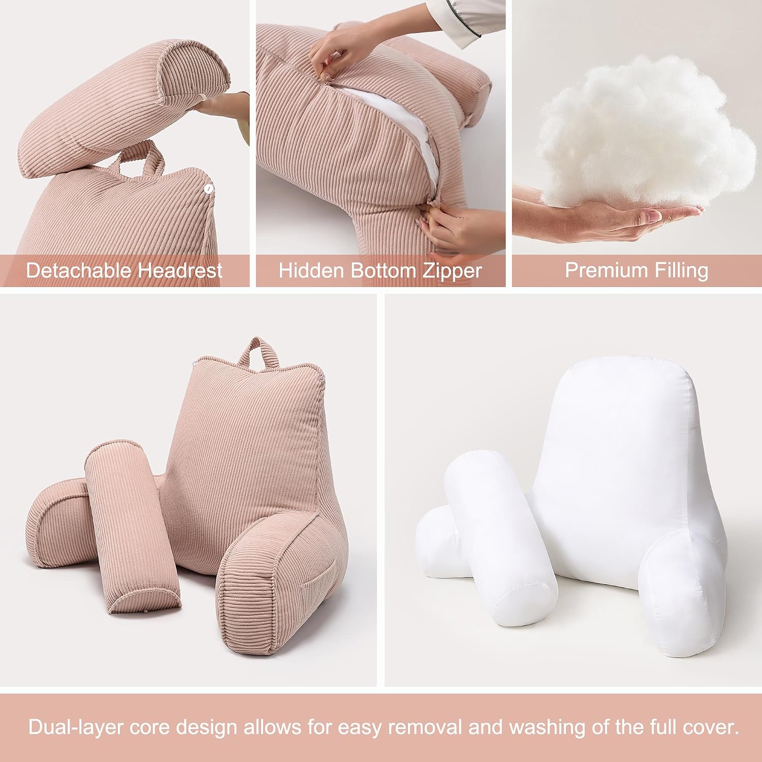 Ailuteie Reading Pillow for Sitting Up in Bed, Bed Rest Backrest Pillow with Arms, Corduroy Back Support Cushion with Side Pockets & Washab…