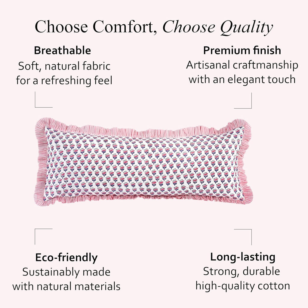 Cottonprintclub CPC Hand Block Print Pink Sapphire Ruffle Sham Pillow Cover 36" x 14" inch Hidden Zipper Decorative Pillowcase for Couch, B…