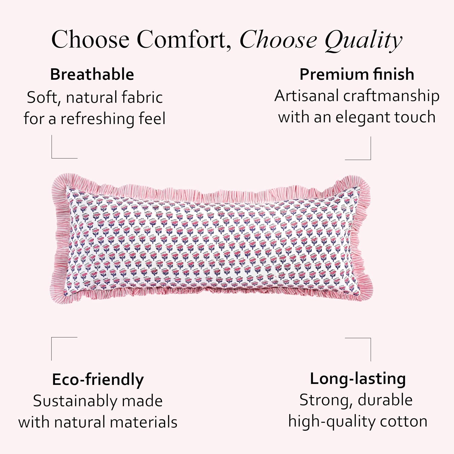 Cottonprintclub CPC Hand Block Print Pink Sapphire Ruffle Sham Pillow Cover 36" x 14" inch Hidden Zipper Decorative Pillowcase for Couch, B…