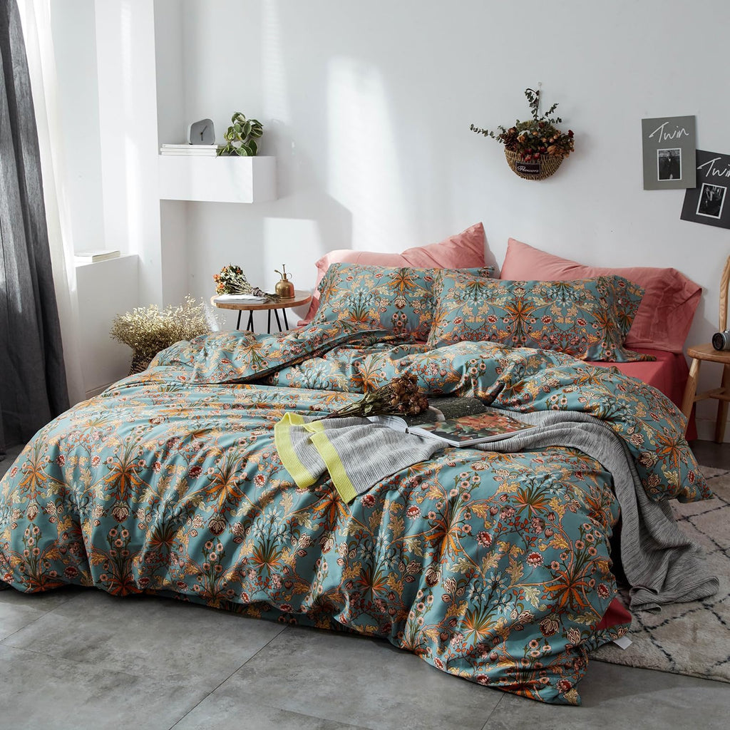mixinni Vintage Style Garden Flower Duvet Cover Set with Zipper Closure Long Staple Percale Cotton Yellow Vibrant Pattern on Bedding Quilt…