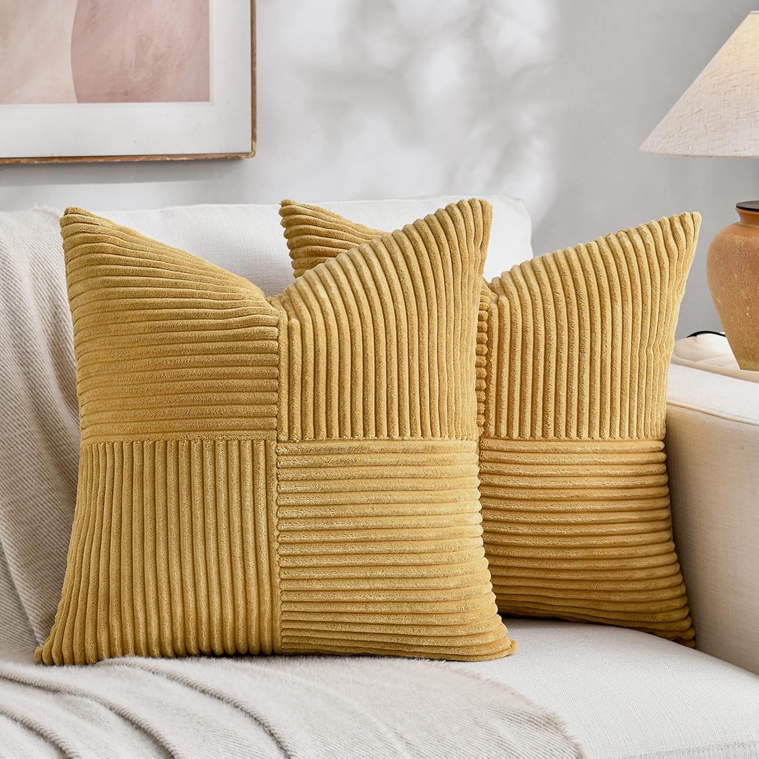Fancy Homi 2 Packs Mustard Yellow Decorative Throw Pillow Covers 20x20 Inch for Living Room Couch Bed Sofa, Farmhouse Boho Home Decor…