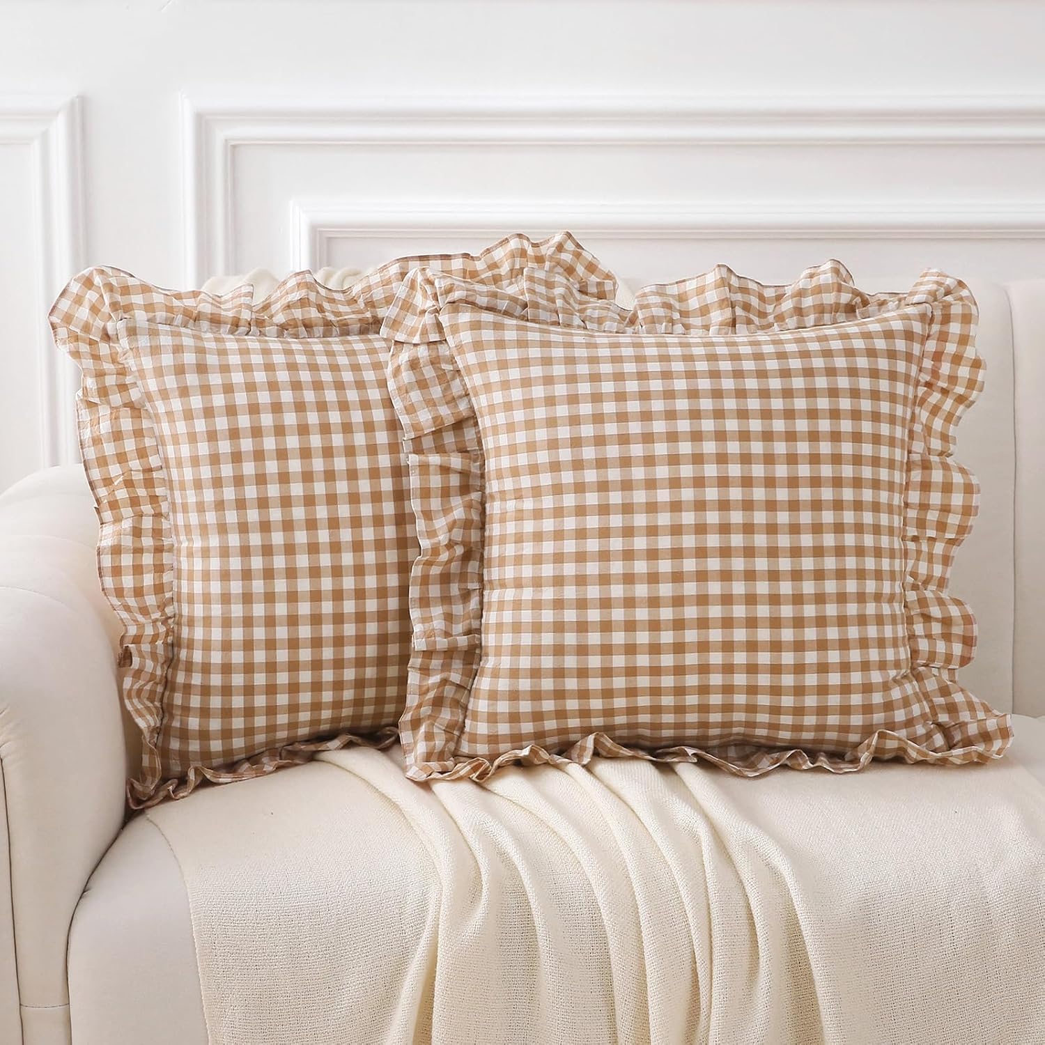 Kmasaniji 2 Pack Taupe White Plaid Ruffle Gingham Throw Pillow Covers, 100% Washed Cotton Checkered Fall Decorative Farmhouse Pillow Shams…