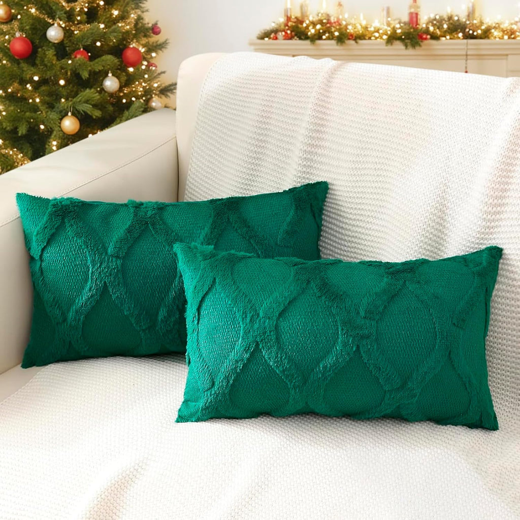 decorUhome Summer Throw Pillow Covers 12x20 Inch Set of 2, Soft Plush Faux Fur Wool Lumbar Green Accent Couch Pillow Covers for Modern Farm…