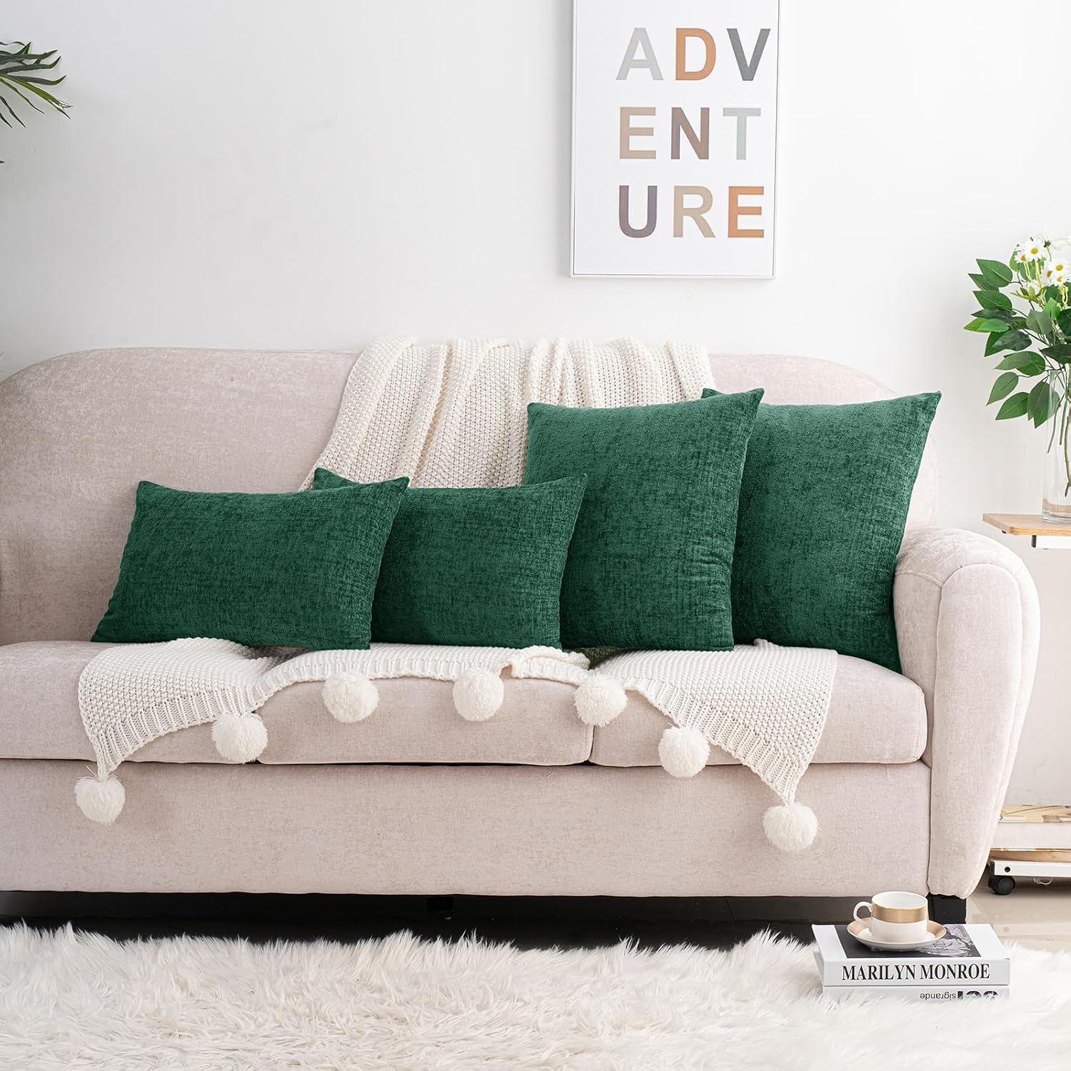 Hwy50 HWY 50 Dark Green Couch Pillow Covers 22x22 Inch Pack of 2, Soft Chenille Decorative Throw Pillow Cases Farmhouse for Sofa Living Roo…