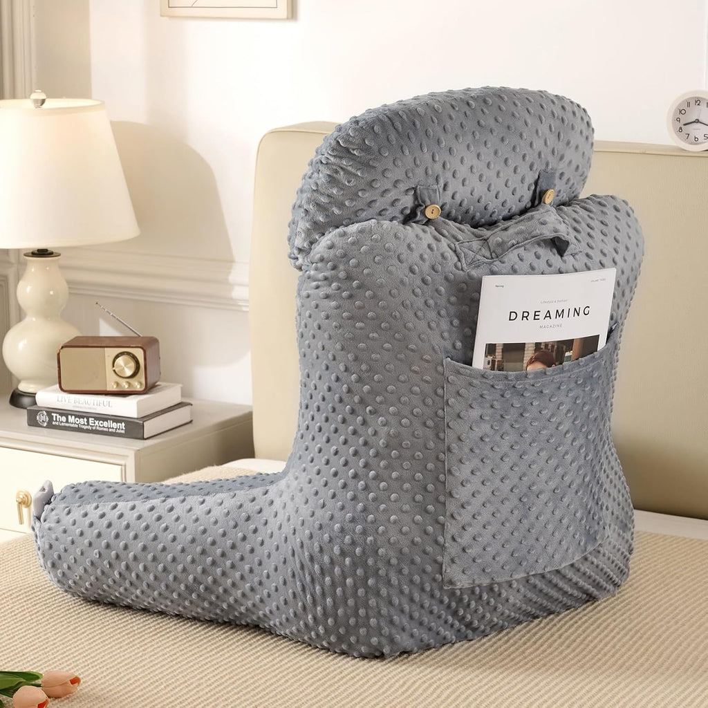 Reading Pillow for Sitting in Bed Couch Adult, Back Pillow for Bed Sitting Up, Back-Rest Support Cushion with Pockets and Arms, Watching…
