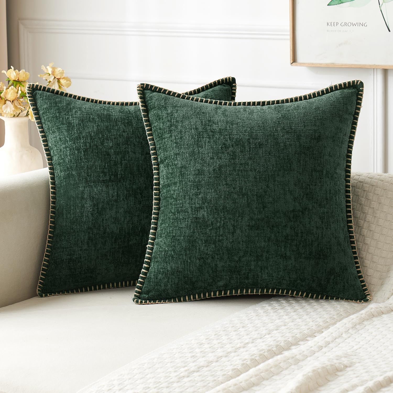 Miulee Pack of 2 Pillow Covers 18x18 Inch Dark Green Farmhouse Decorative Throw Pillow Covers with Stitched Edge Soft Chenille Solid Dyed C…
