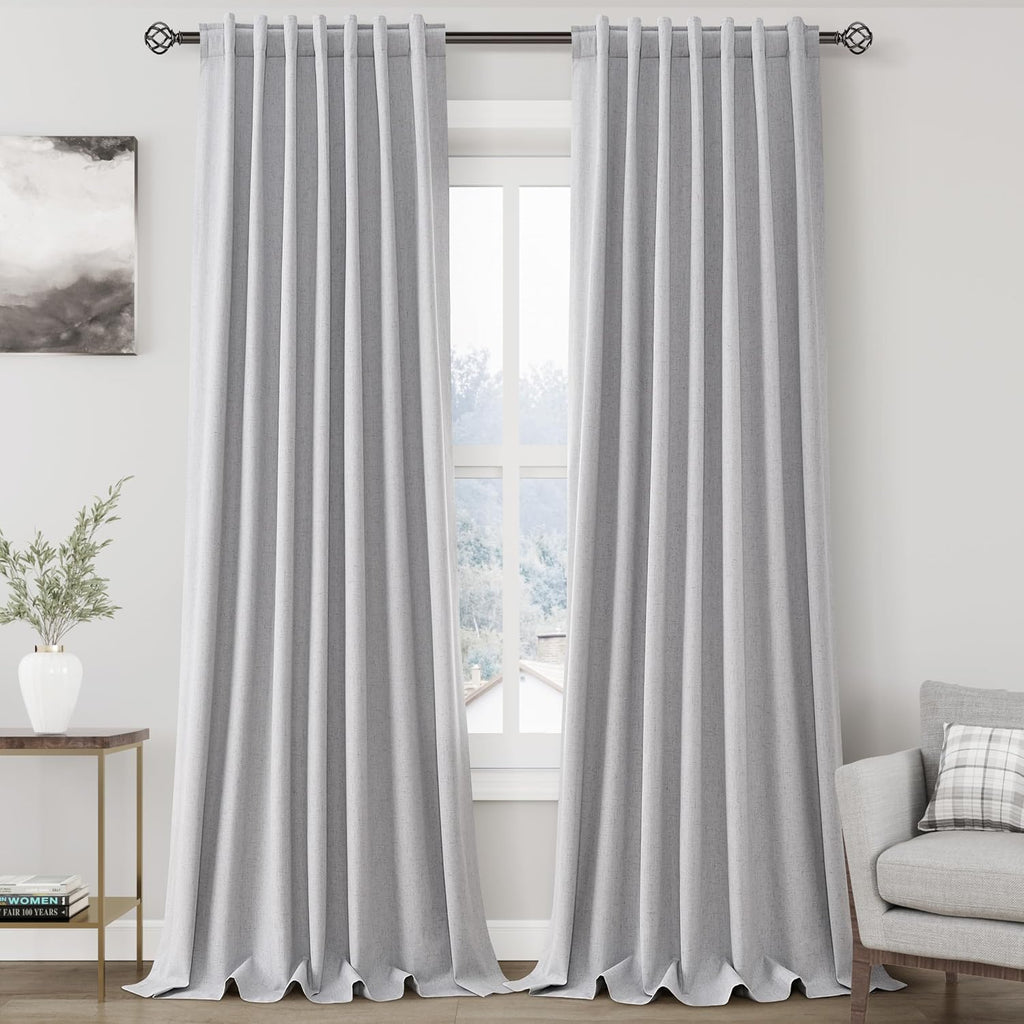 Nanspring Light Grey 100% Blackout Linen Curtains 96 Inches Long for Bedroom Back Tab Thermal Insulated Modern Luxury Simple Black Out Curt…