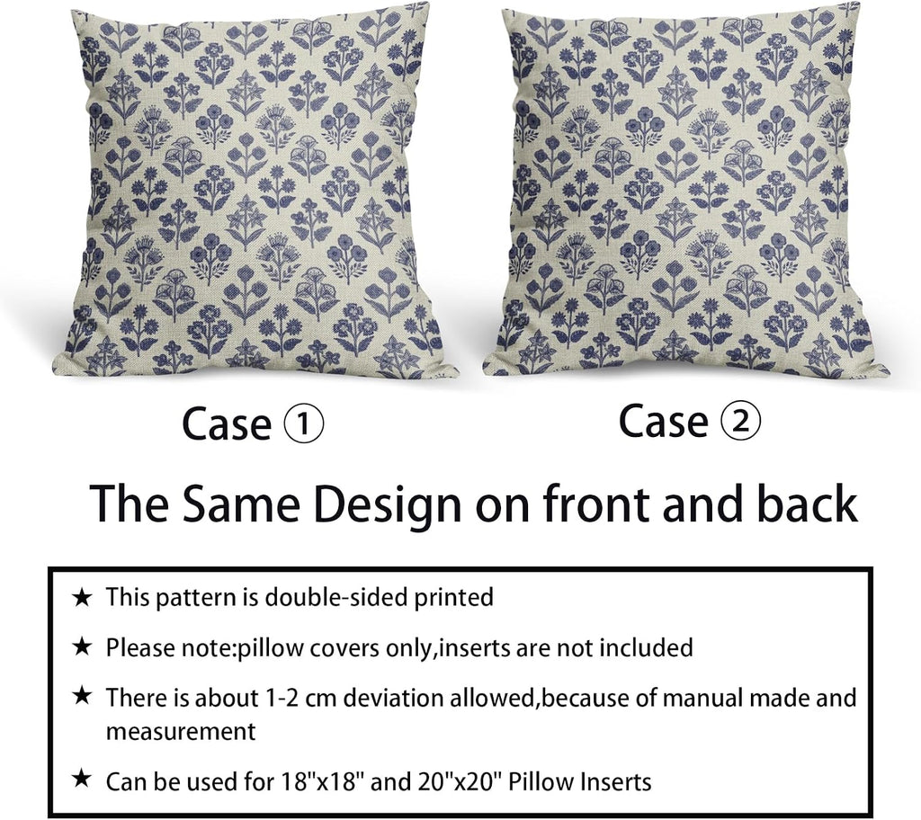 Navy Blue Floral Pillow Covers 22x22 Inch Set of 2, Vintage Flower Block Print Pattern Decorative Throw Pillowcases Outdoor Farmhouse…