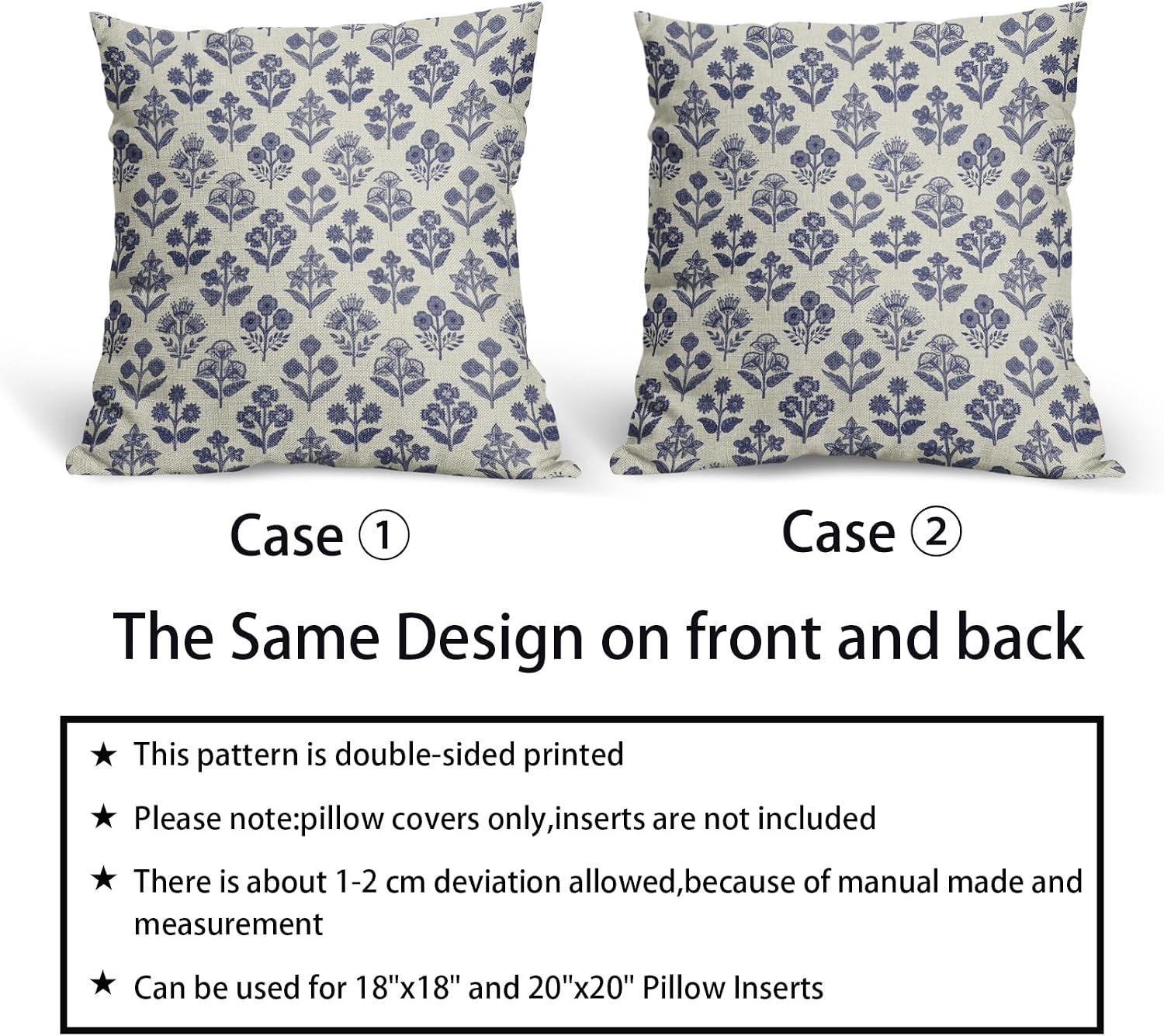 Navy Blue Floral Pillow Covers 22x22 Inch Set of 2, Vintage Flower Block Print Pattern Decorative Throw Pillowcases Outdoor Farmhouse…