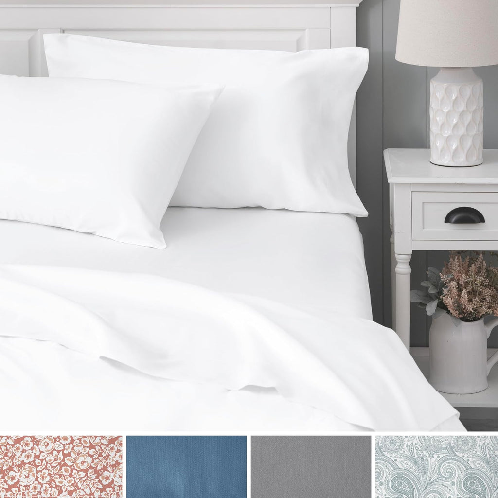 WelhomeByWelspun Welhome 100% Cotton Percale 4-Piece Queen Size Solid Bed Sheets Set, 1 Fitted, 1 Flat Sheet with 2 Pillowcases, White Cott…