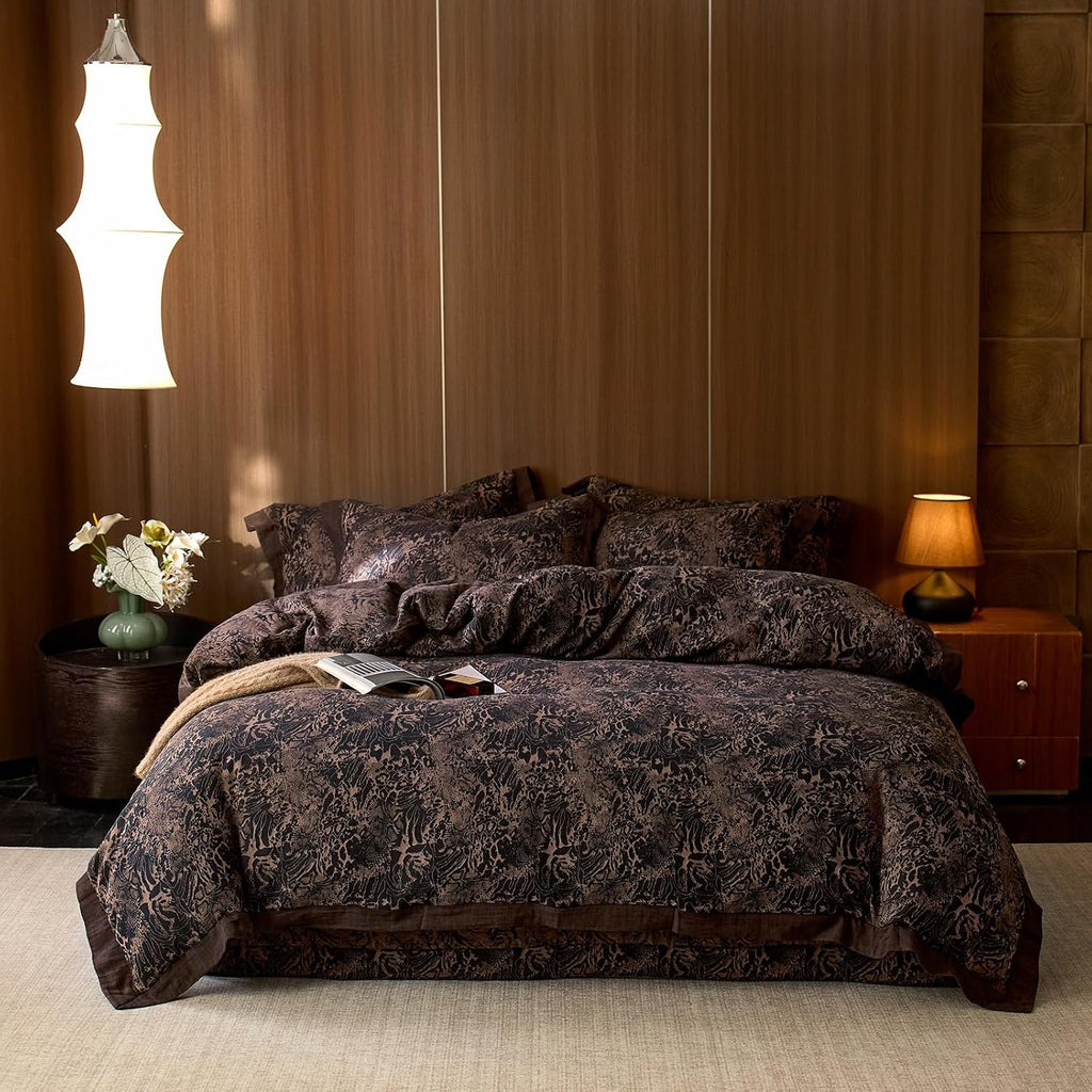 mixinni Duvet Cover Set Queen, Vintage Opulence Yarn-Dyed Jacquard Double-Layer Cotton Comforter Cover with Wide Corner Design, Retro Art P…