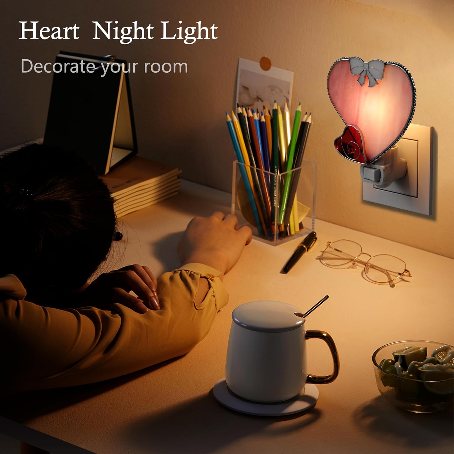 KY&BOSAM Stained Glass Heart Night Lights Plug into Wall 1-Pack 7W Dusk to Dawn 3000K Warm Pink Bright Nightlight with Switch On/Off for…