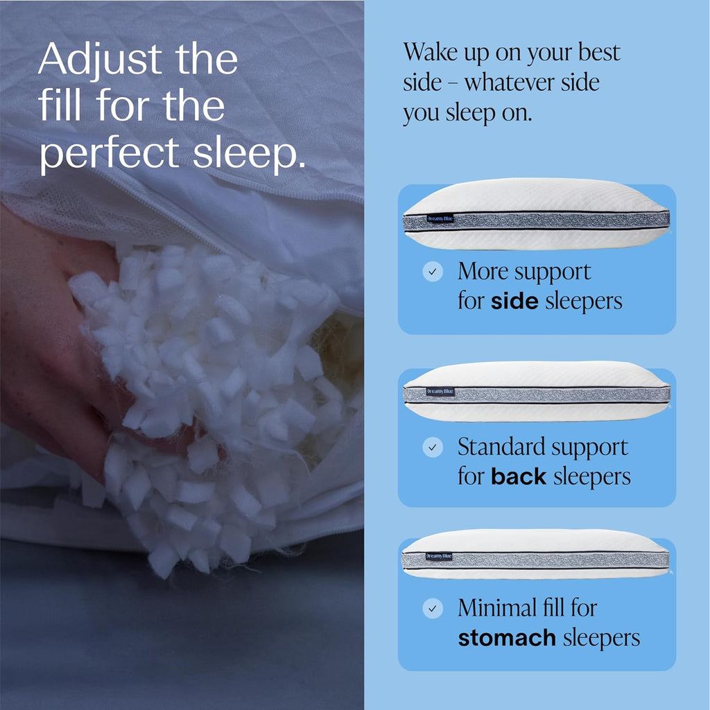 DreamyBlue Gusseted Sapphire Pillow • Adjustable Loft, Luxury Cover, Shredded Memory Foam Fill w/Airflow Beads •Ideal for Wide Shoulders •N…