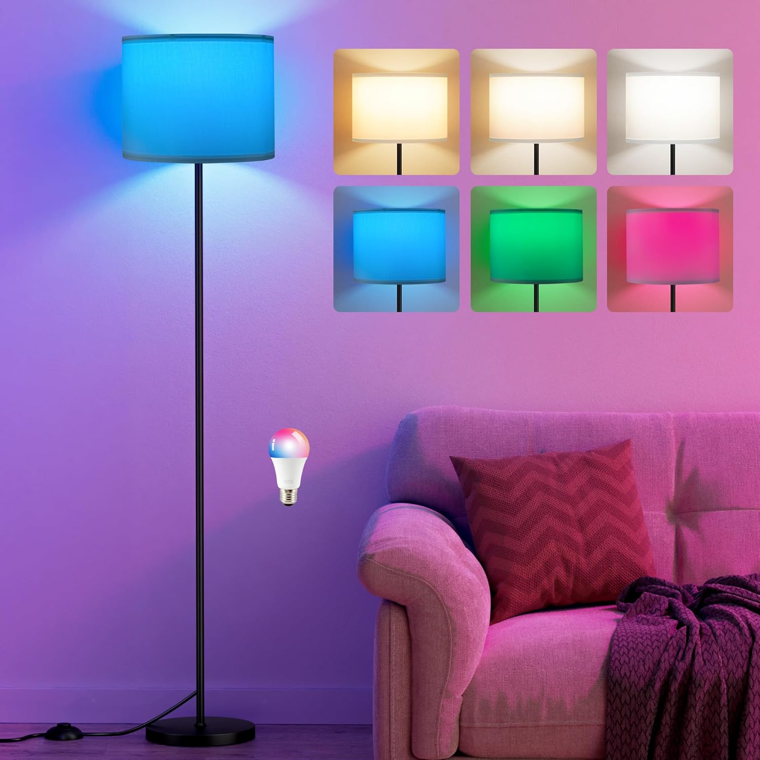 Ambimall Floor Lamp for Living Room with Smart Light Bulb, RGB + Stepless Dimmable Colors Temperature & Brightness(White Shade & Black Pole…
