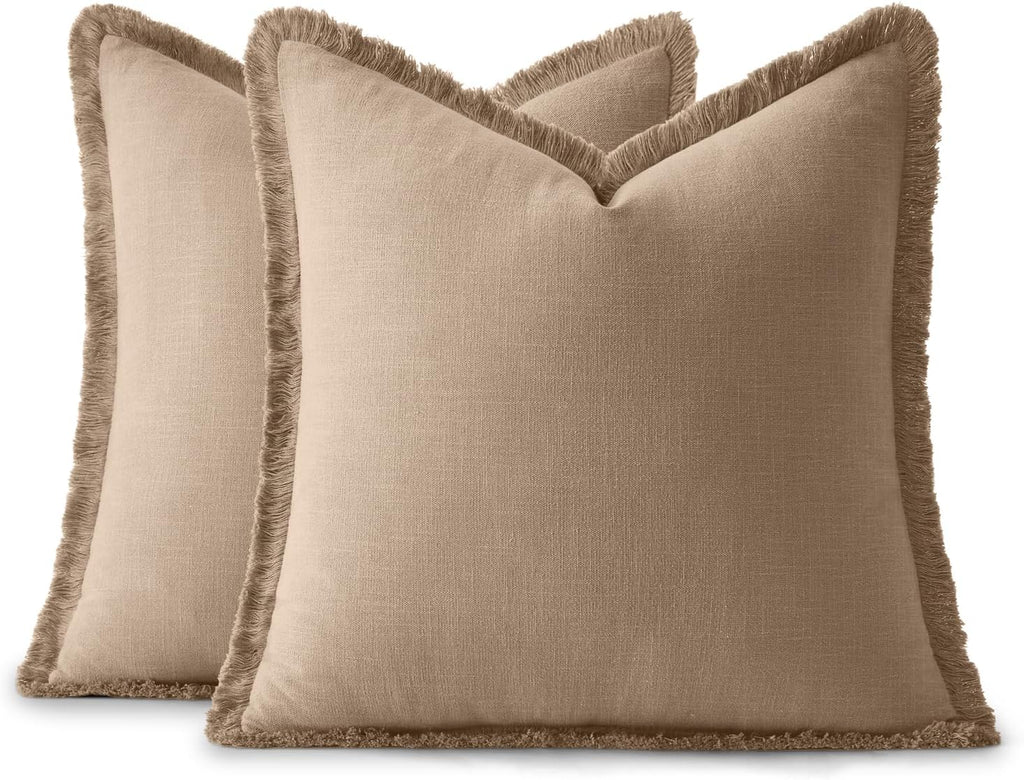 Anroduo Set of 2 Decorative Throw Pillow Covers 24×24 Inch Soft Linen Fringe Farmhouse Boho Vintage Cushion Covers with Tassels Accent Pill…