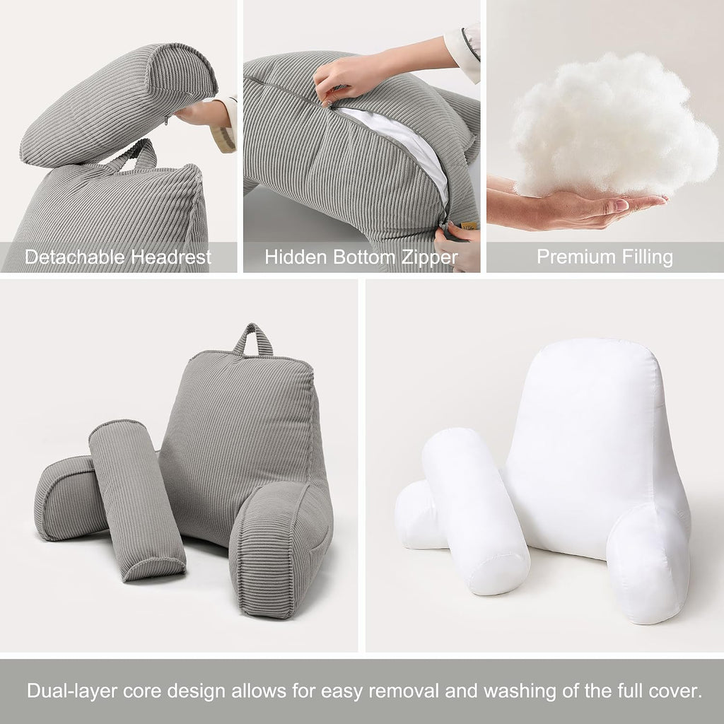 Ailuteie Corduroy Reading Pillow for Sitting Up in Bed, Backrest Pillow with Arms, Full Back Support Cushion with Side Pockets & Washable C…