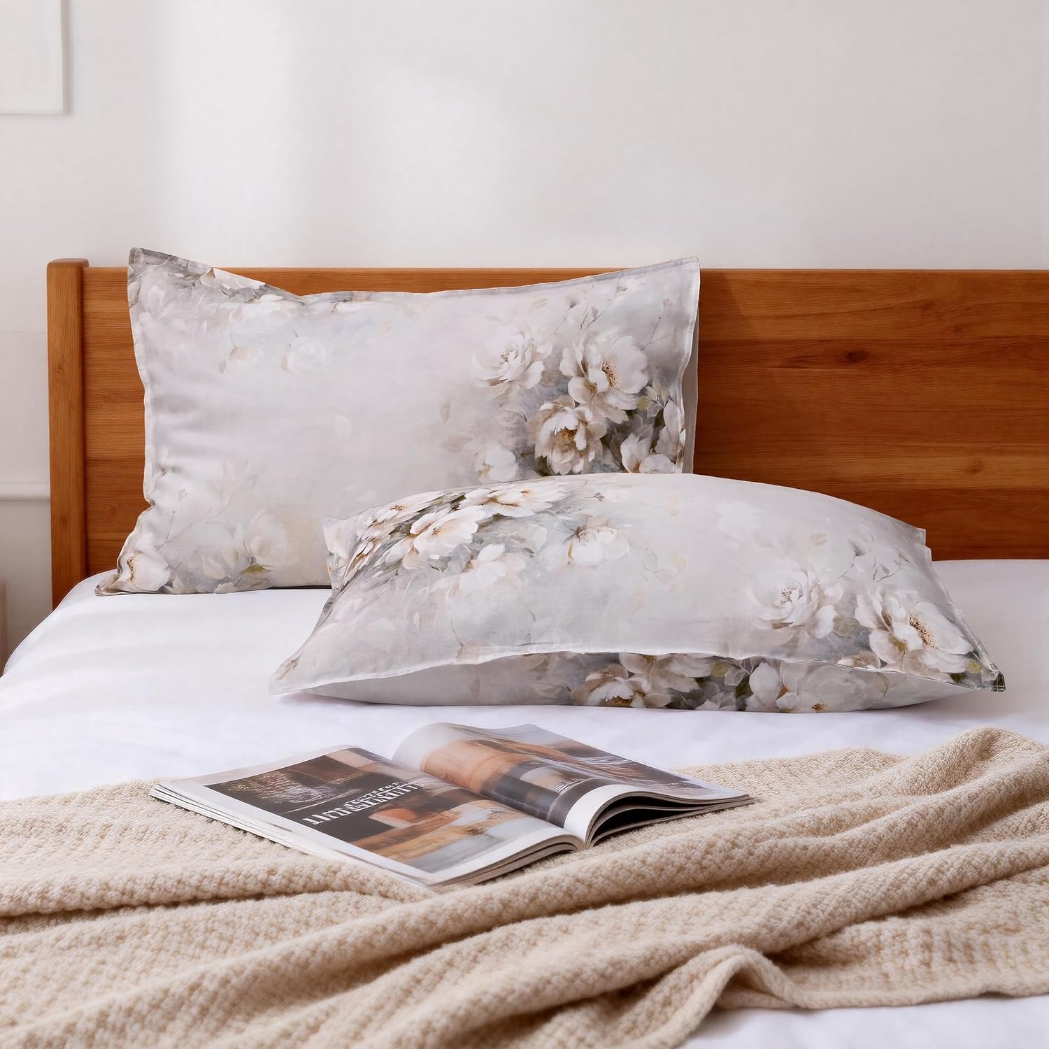 Chuffed 100% French Linen Pillow Cases Watercolor Peony Print, Farmhouse Floral Stone Washed Pillow Shams with Envelope Closure Soft Breath…