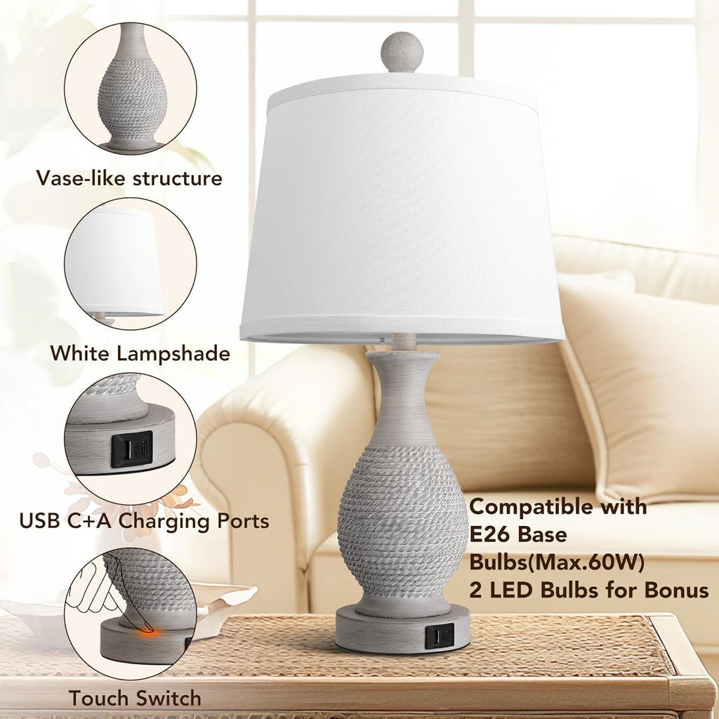 PARTPHONER Traditional Table Lamps Set of 2, Bedside Touch Lamp with USB C+A Charging Ports, Rustic Farmhouse Table Lamps for Living Room…