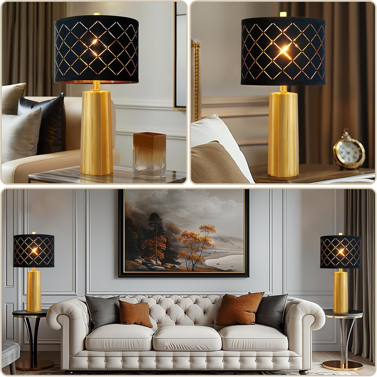 Set of 2 Modern Table Lamps for Living Room Bedroom, Gold Nightstand Resin Lamps with Black Grid Shade, Contemporary Desk Lamps for…