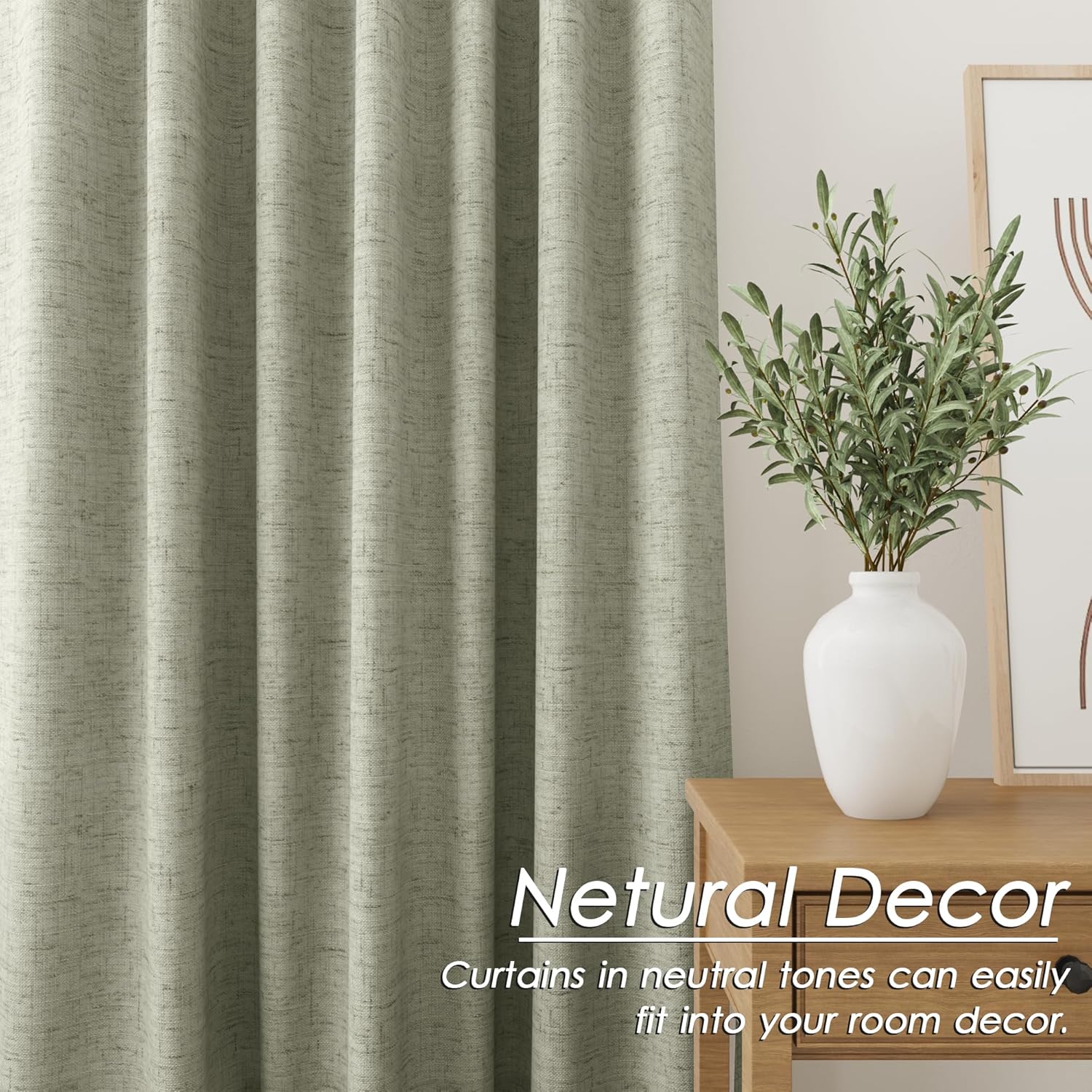 Nanspring Sage Green 100% Blackout Linen Curtains 96 Inches Long for Bedroom Back Tab Thermal Insulated Farmhouse Decor Coastal Black Out C…