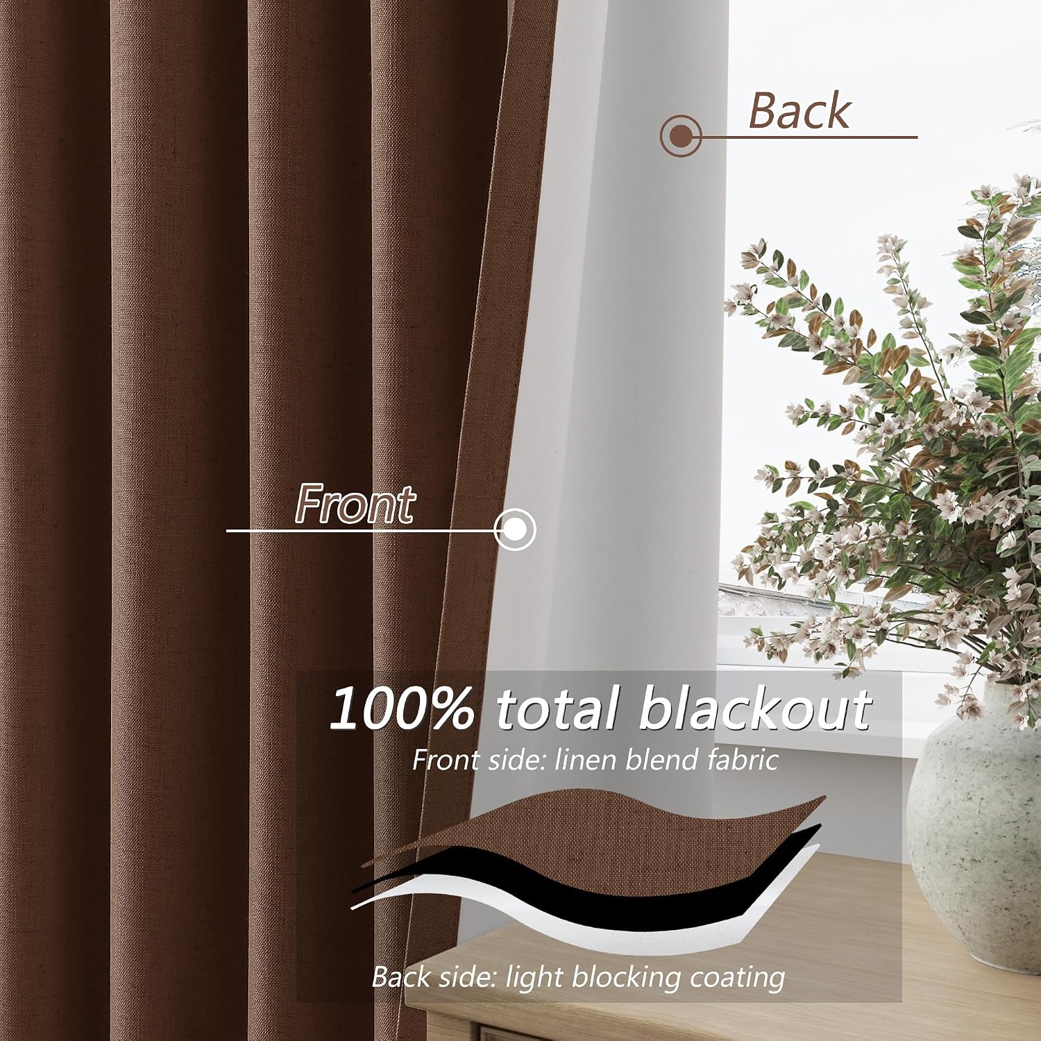 Guken Rustic Brown 100% Blackout Linen Curtains 108 Inch Length 2 Panels Set for Living Room Bedroom Back Tab Thermal Insulated Black Out D…