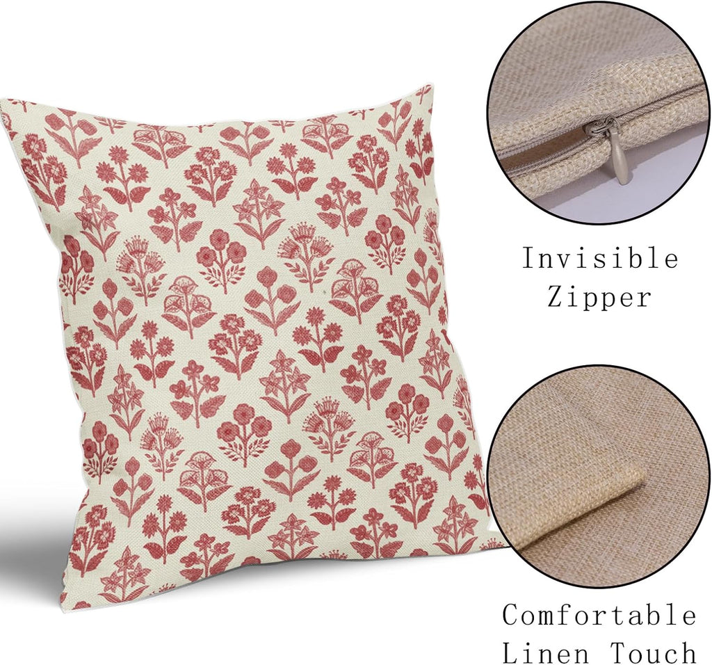 Red Floral Pillow Covers 24x24 Inch Set of 2, Vintage Flower Block Print Pattern Decorative Throw Pillowcases Outdoor Farmhouse Cushion…