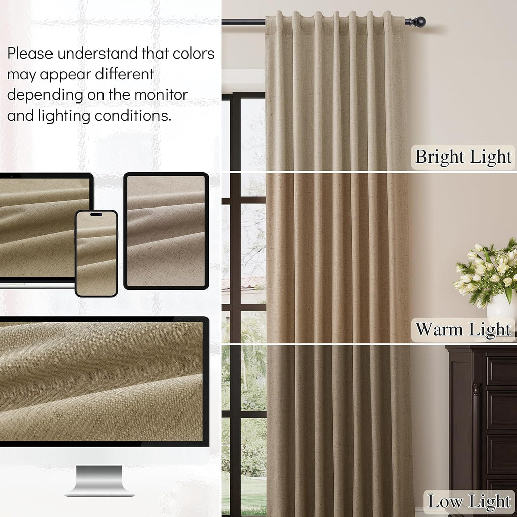 Guken Khaki Linen 100% Blackout Curtains for Bedroom 96 Inches Long 2 Panels Farmhouse Black Out Room Darkening Thermal Insulated Back Tab…