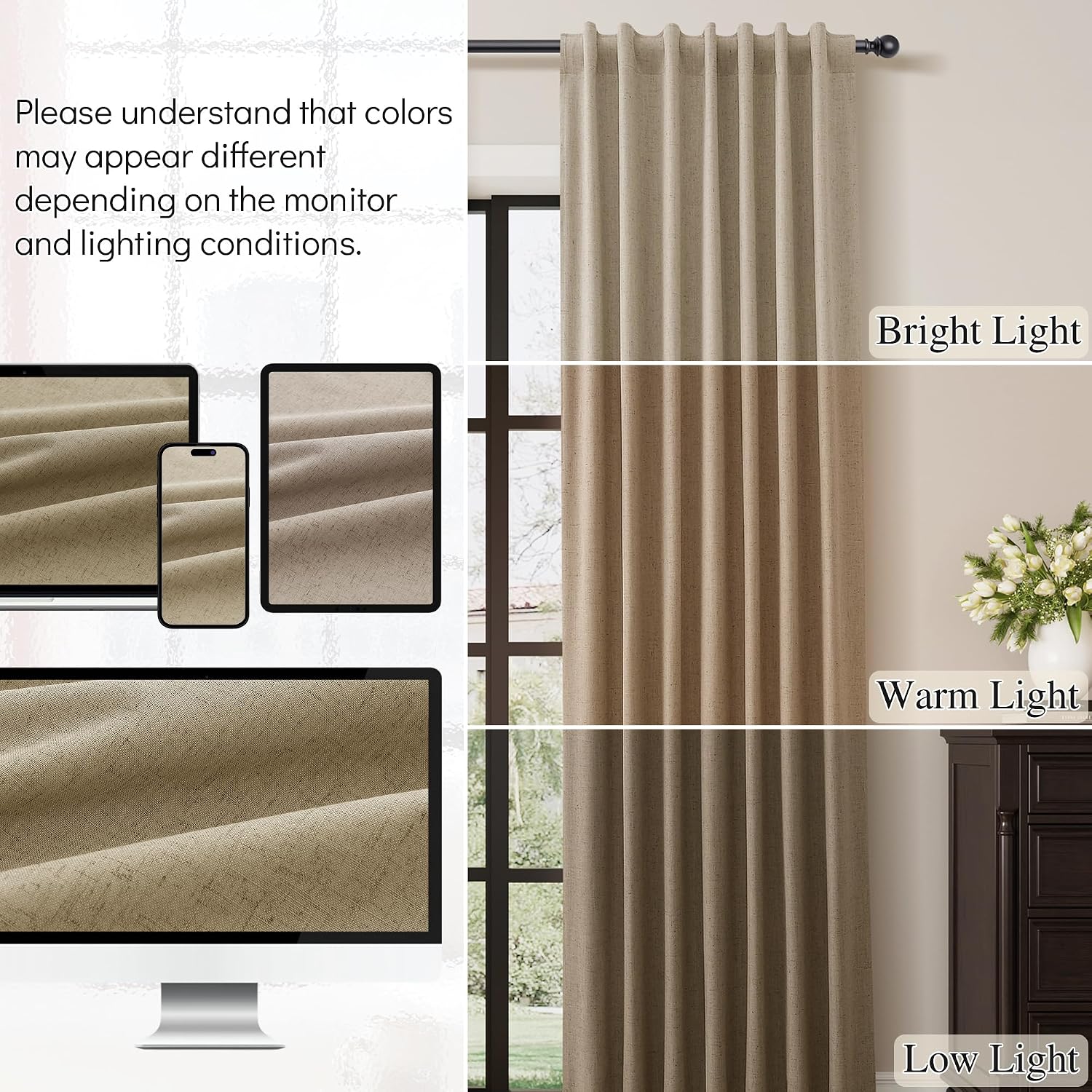Guken Khaki Linen 100% Blackout Curtains for Bedroom 96 Inches Long 2 Panels Farmhouse Black Out Room Darkening Thermal Insulated Back Tab…