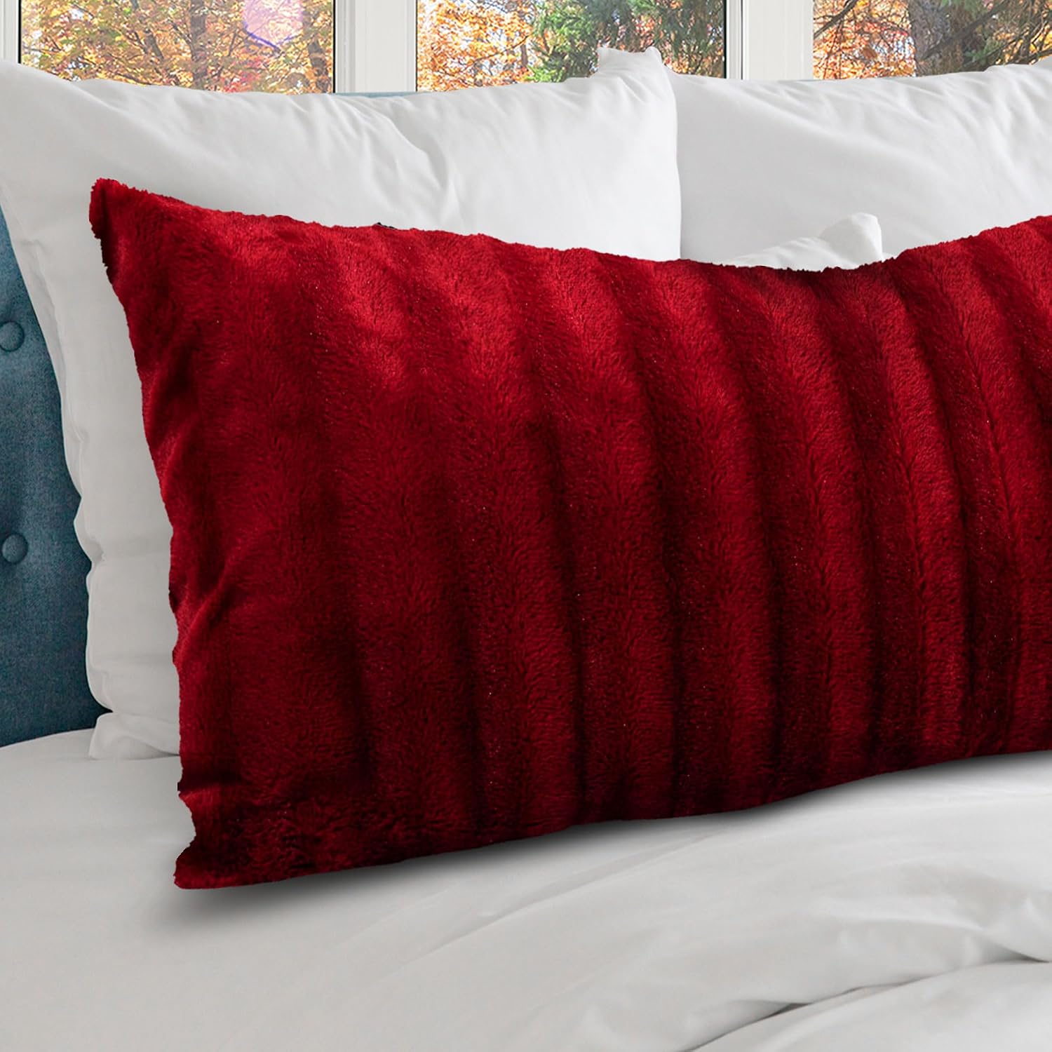 Cheer Collection Faux Fur Long Body Pillow - Accent Throw Pillow for Bed and Couch - Decorative Lumbar Pillow with Insert, Maroon (18" x…