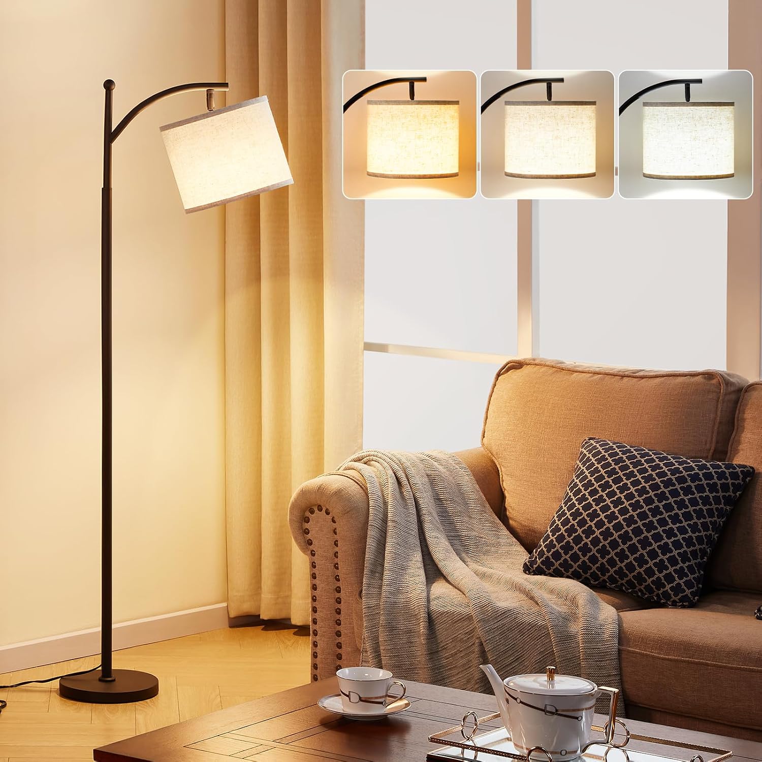 Ambimall Tall Floor Lamps with 3 Color Temperatures Bulb & Adjustable Linen Shade, for Living Room, Bedroom, Office, Classroom, Dorm Room…