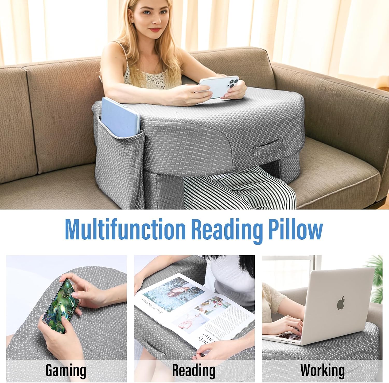 Lebenguru Reading Pillow for Laptop, Extra Large Armrest Gaming Pillow for Working, Hight Adjustable Lap Desk Pillow for Adult Sitting in B…