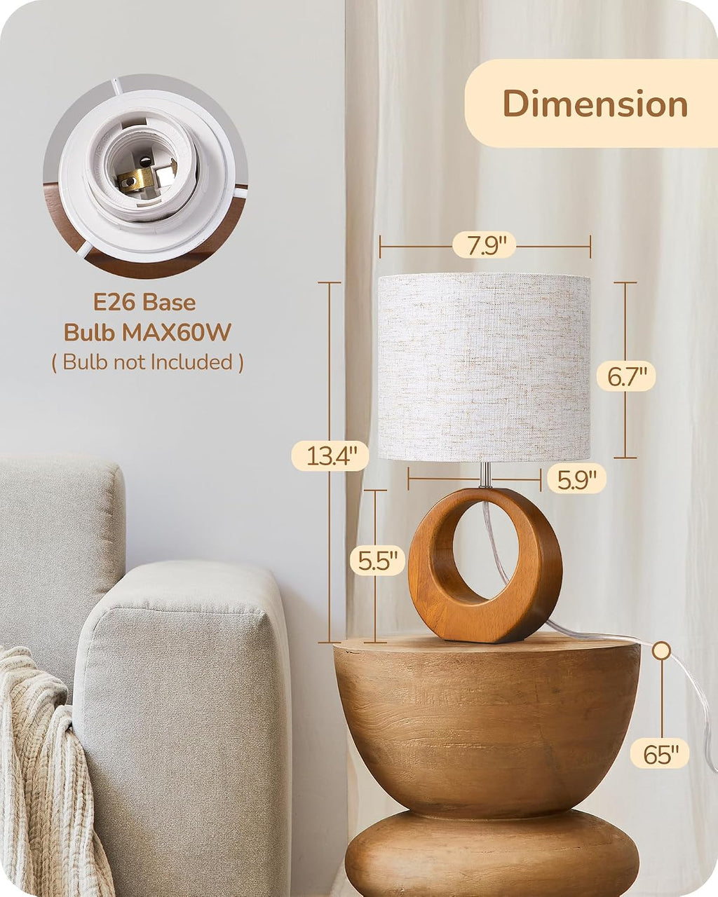 EDISHINE Small Wood Table Lamp, 13.4" Nightstand Lamp with Beige Linen Lampshade, ON-Off Switch, E26 Base, Modern Bedside Lamp for Living…