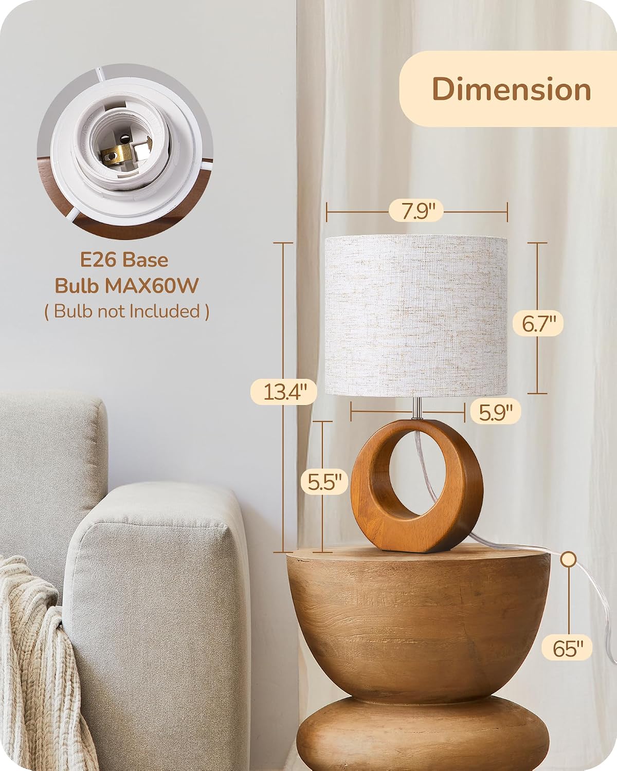 EDISHINE Small Wood Table Lamp, 13.4" Nightstand Lamp with Beige Linen Lampshade, ON-Off Switch, E26 Base, Modern Bedside Lamp for Living…