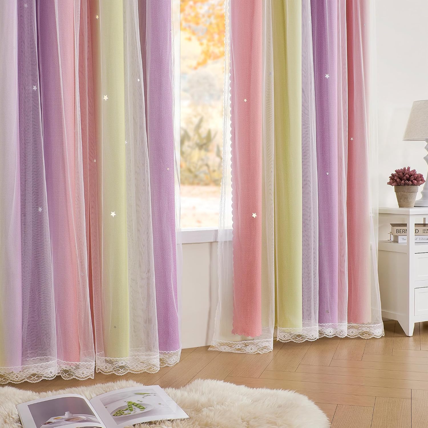 Addsomecolortolife XiDi Pink Blackout Curtains for Bedroom Decor - Rainbow Unicorn Wall Decals for Girl's and Kids' Room - Purple and Yello…