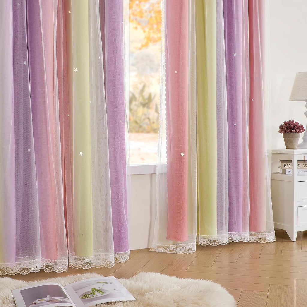 Addsomecolortolife XiDi Pink Curtains for Bedroom Decor Blackout Curtains for Girl Room Rainbow Curtains for Kids Room Unicorn Wall Decals…