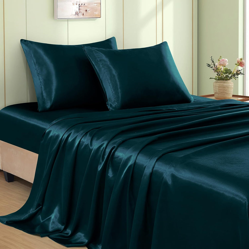 VACVELT 4pcs Dark Teal Satin Sheets Full Size Bed Set, 15 Inch Deep Pocket Silky Satin Sheet Set, Soft Satin Bedding Set Cooling & Luxury…