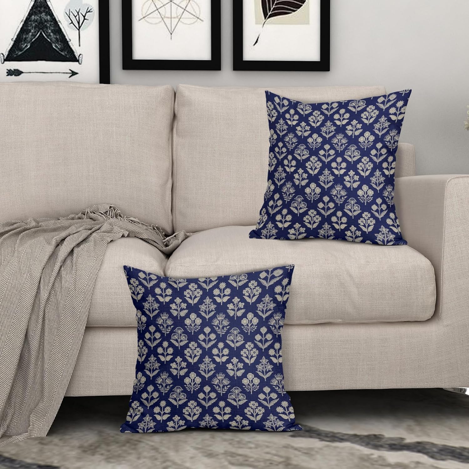 Navy Blue Floral Pillow Covers 24x24 Inch Set of 2, Vintage Flower Block Print Pattern Decorative Throw Pillowcases Outdoor Farmhouse…