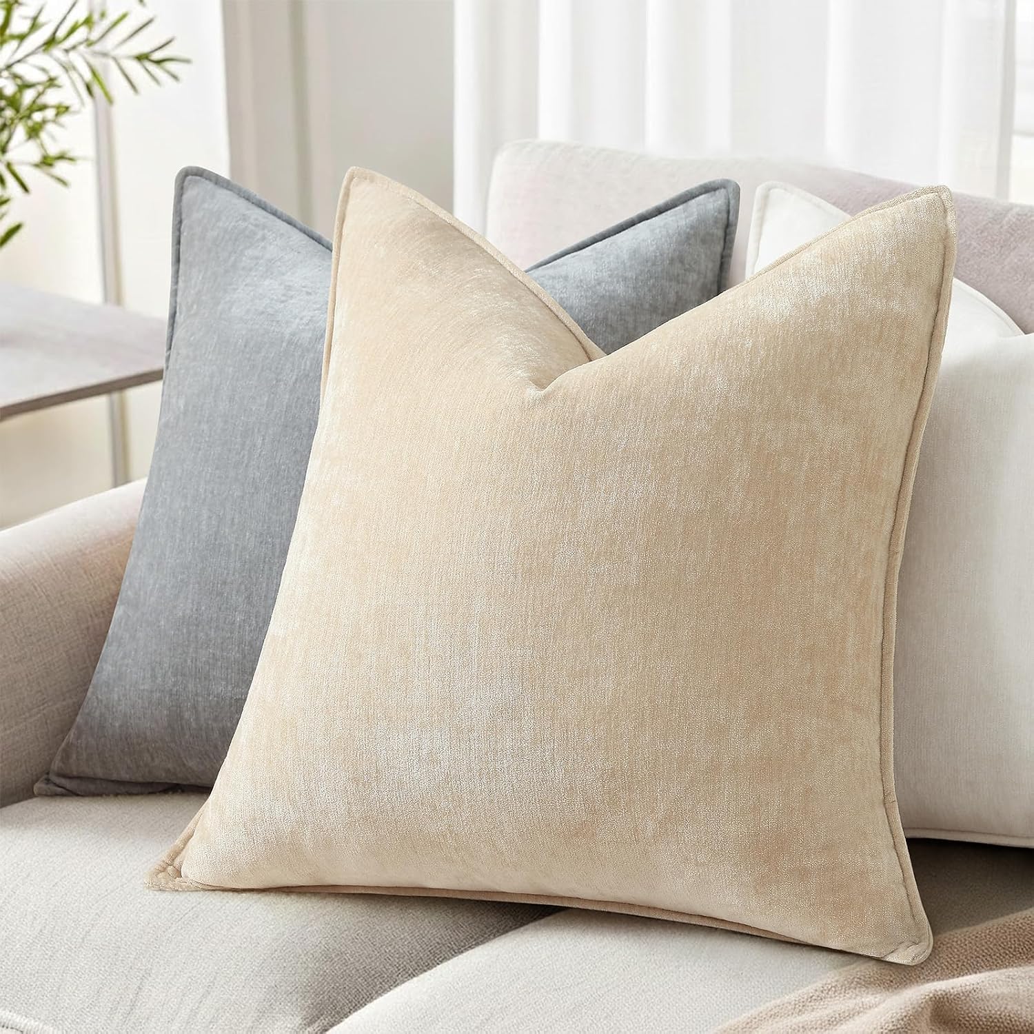 decorUhome Summer Couch Euro Sham Throw Pillow Covers 24x24 Set of 2, Decorative Soft Velvet Modern Cozy Chenille Pillow Cases with Elegant…