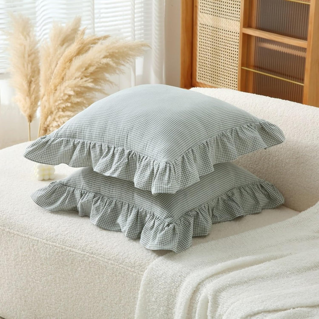 Jilboo 2 Pack 18 x18 inches Green/White Checkered Throw Pillow Covers 100% Washed Cotton Vintage Ruffle Trim Decorative Gingham Pillowcases…