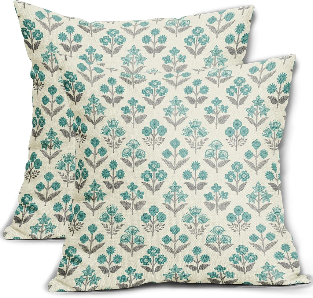 Teal Grey Gray Floral Block Print Pillow Covers 18x18 Inch Set of 2, Vintage Flower Pattern Decorative Throw Pillowcases Outdoor…