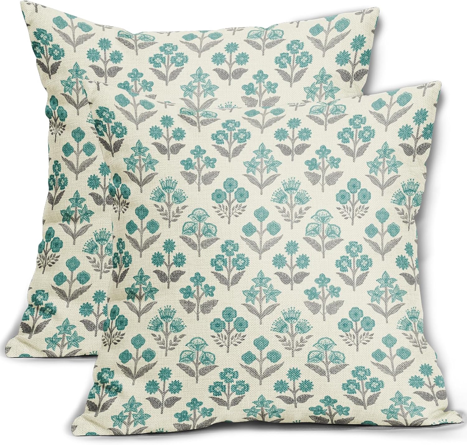 Teal Grey Gray Floral Block Print Pillow Covers 18x18 Inch Set of 2, Vintage Flower Pattern Decorative Throw Pillowcases Outdoor…