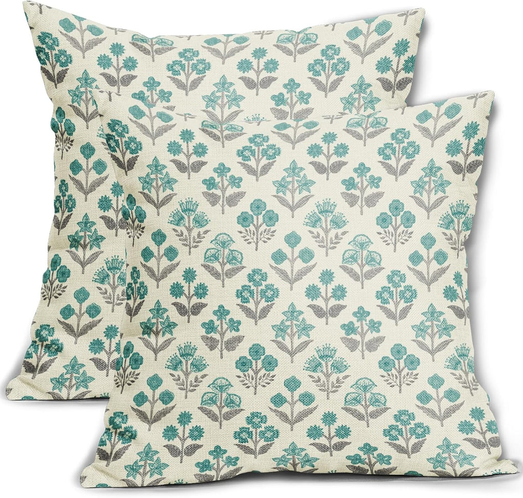 Teal Grey Gray Floral Block Print Pillow Covers 20x20 Inch Set of 2, Vintage Flower Pattern Decorative Throw Pillowcases Outdoor…