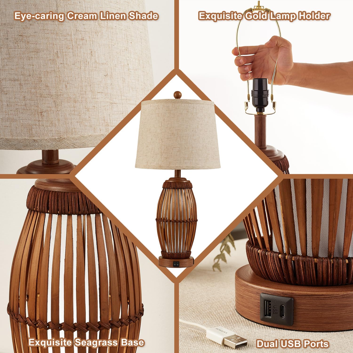 27” Vintage Bamboo Woven Table Lamps Set of 2, Farmhouse Rattan Bedside Lamps for Bedroom Livingroom Office Study with Nightlight and USB…