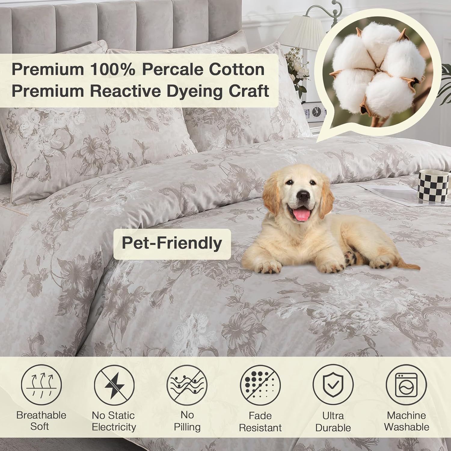 Puralens Vintage Floral Greige Percale Duvet Cover Set, King 100% Cotton Cottage Zipper Comforter Cover, Crisp Neutral Toile Bed Cover Set…