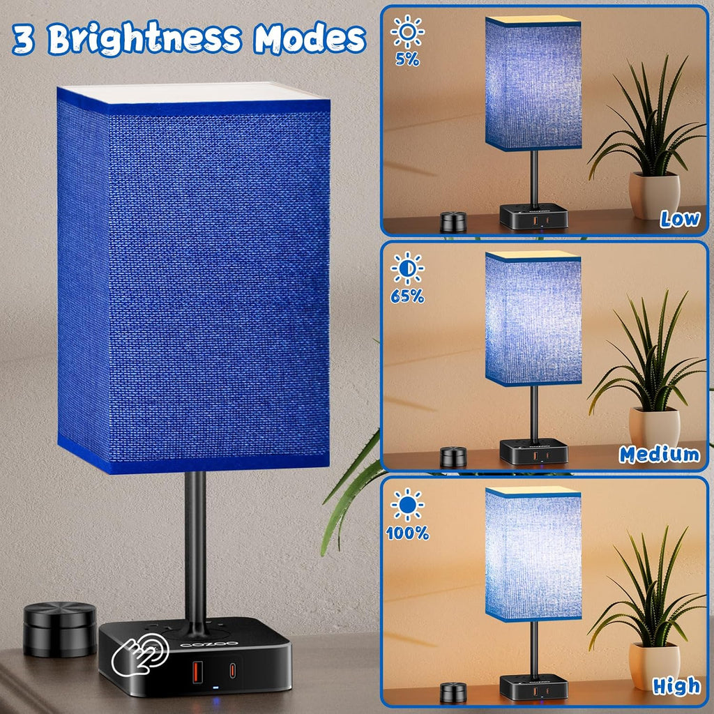 Bedside Lamp & Desk Lamp with Remote, Touch Control, USB-C/A Ports + Outlets | Blue Fabric Shade Nightstand Table Lamp for Bedroom…